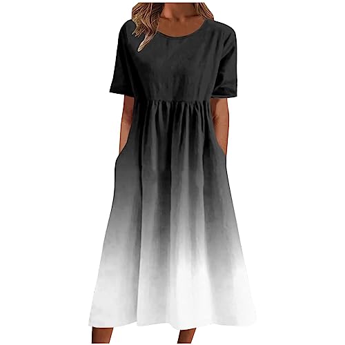 Sommerkleid Damen Lang Kleider Lose Leinen Maxikleid mit Taschen S-5XL Kurzarm Loose Casual Long Kleider einfarbig Löwenzahn Druck Swing Freizeit Boho Kleider für Rundhals Strandkleid Blumenkleid von tsaChick