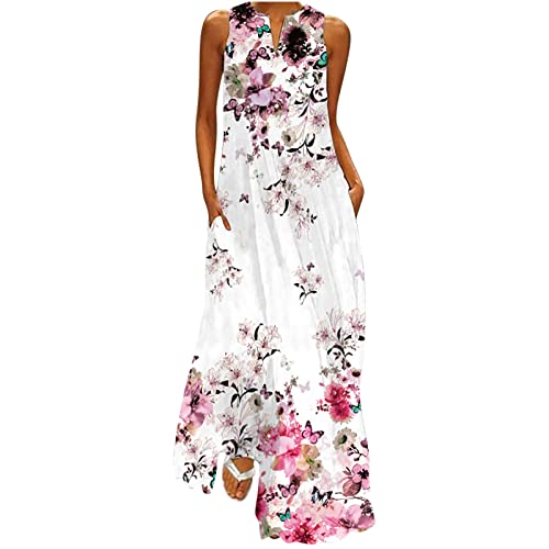 Sommerkleid Damen Lang - Maxikleid Damen V Ausschnitt -Langes Kleid Große Größen Strandkleid Ärmellos Blumen Druck Blusenkleid Sommer Lockeres Leichte Kaftan Boho Kleider Festlich Elegant Partykleid von tsaChick