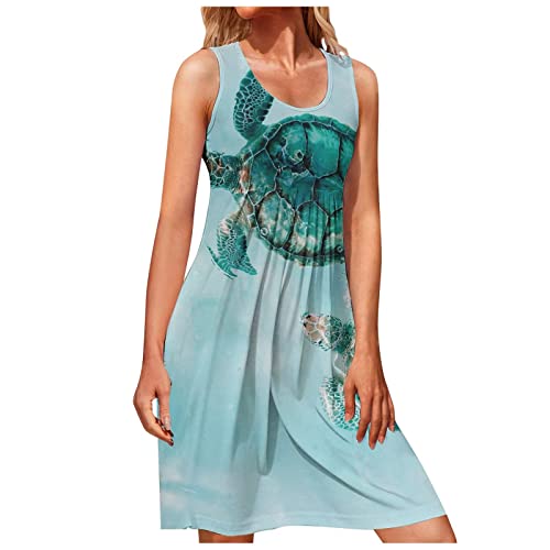 Sommerkleid Damen Lang äRmellos Hawaii Strandkleid Casual Holiday Strand Stil Tank Kleid Sexy U-Ausschnitt Midikleid Frauen MäDchen Sommer Dress MeeresschildkröTen Quallen Muscheln Wellen Elemente von tsaChick