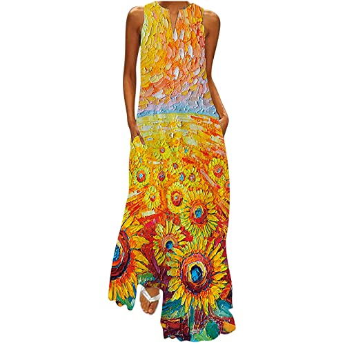 Sommerkleid Damen Lang äRmellos Maxikleid Lockeres Rundhals V-Ausschnitt Floral Pfauenfedern Druck Strandkleid Mit Taschen Holiday Casual Lose KnöChellanges Freizeitkleid Frauen MäDchen Tank Kleid von tsaChick