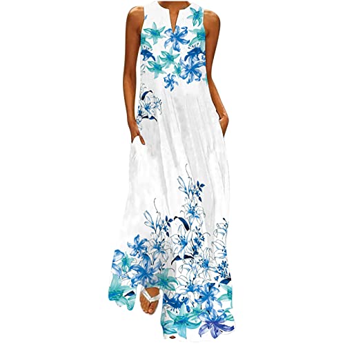 Sommerkleid Damen Lang äRmellos Maxikleid Lockeres Rundhals V-Ausschnitt Floral Pfauenfedern Druck Strandkleid Mit Taschen Holiday Casual Lose KnöChellanges Freizeitkleid Frauen MäDchen Tank Kleid von tsaChick