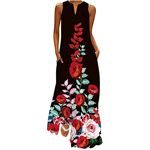 Sommerkleid Damen Lang äRmellos Maxikleid Lockeres Rundhals V-Ausschnitt Floral Pfauenfedern Druck Strandkleid Mit Taschen Holiday Casual Lose KnöChellanges Freizeitkleid Frauen MäDchen Tank Kleid von tsaChick