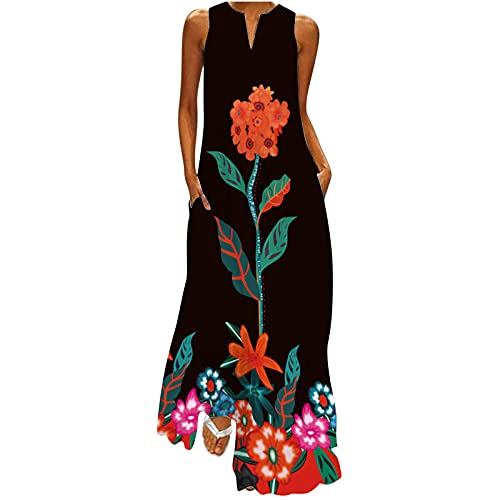Sommerkleid Damen Lang äRmellos Maxikleid Lockeres Rundhals V-Ausschnitt Floral Pfauenfedern Druck Strandkleid Mit Taschen Holiday Casual Lose KnöChellanges Freizeitkleid Frauen MäDchen Tank Kleid von tsaChick