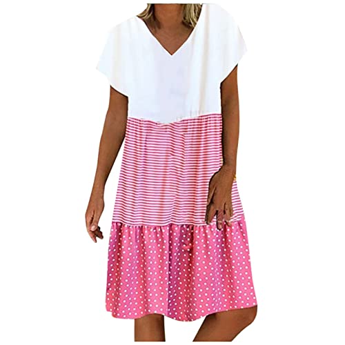 Sommerkleid Damen Leinen Kleider Casual V-Ausschnitt Midikleid Kurzarm A-Linie Kleid Strandkleid Ohne Zubehör von tsaChick