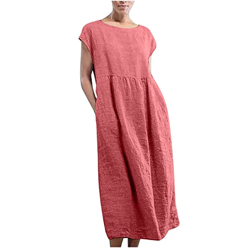 Sommerkleid Damen Locker Leinenkleid Solide Kurzarm unterhalb des Knies Kleid Einfarbig Langes Wadenlanges Casual Baumwolle Leinen Maxikleid Rundhals Weites kniehohes Kleid Ladies Kleid S-5XL von tsaChick