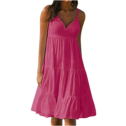 Sommerkleid Damen Locker Plus Größe S-5XL Strandkleid Solide Neckholder Kleid Sexy V-Ausschnitt Spaghetti Trägern Farbverlauf Tie-Dye ärmellos knielanges Kleid Lose Blumendruck Women's Kleider von tsaChick