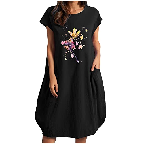 Sommerkleid Damen Lockeres Leinenkleid Kleiner Druck Kurzarm Langes Kleid Rundhalsausschnitt Weites LäSsiges Knielanges Kleid LäSsiges Kleid Aus Baumwolle Und Leinen Mit Taschen Kleider Damen von tsaChick