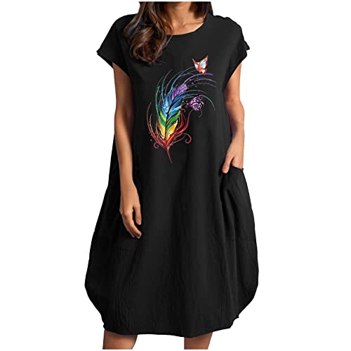 Sommerkleid Damen Lockeres Leinenkleid Kleiner Druck Kurzarm Langes Kleid Rundhalsausschnitt Weites LäSsiges Knielanges Kleid LäSsiges Kleid Aus Baumwolle Und Leinen Mit Taschen Kleider Damen von tsaChick