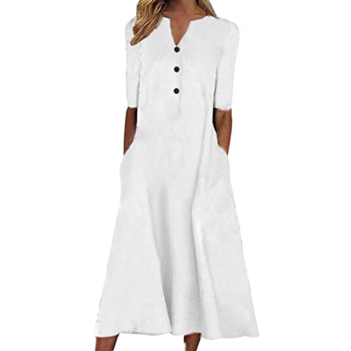 Sommerkleid Damen Minimalistischer Stil Maxikleid Casual Gekürzter V-Ausschnitt Urlaub Kurzarm Langes Kleid Holiday Boho Kleid Knopf Verzierung Tasche unterhalb des Knies Kleid Women's Kleider von tsaChick