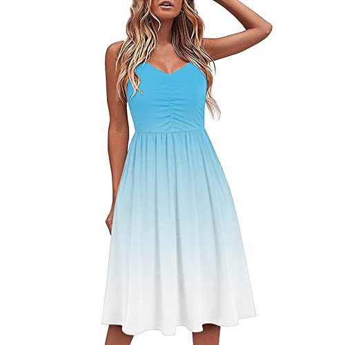 Sommerkleid Damen Sexy Neckholder Strandkleid Farbverlauf Sommer Frauenkleider Ärmelloses Bikini Coverup Tief V-Ausschnitt Plissiertes Taillenmieder unterhalb des Knies Maxikleid Women's Kleid von tsaChick