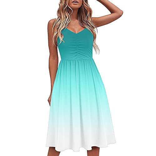 Sommerkleid Damen Sexy Neckholder Strandkleid Farbverlauf Sommer Frauenkleider Ärmelloses Bikini Coverup Tief V-Ausschnitt Plissiertes Taillenmieder unterhalb des Knies Maxikleid Women's Kleid von tsaChick