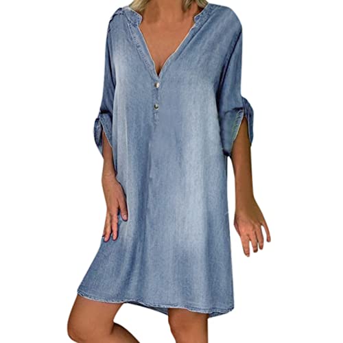 Sommerkleid Damen Solide Lose Lang Denim Dress Casual Einreihiges Blusenkleid Revers mit Taschen Mode Tiefer V-Ausschnitt Weites Pullover Kleid Kurzarm Above The Knee Kleider Ladies Kleid von tsaChick