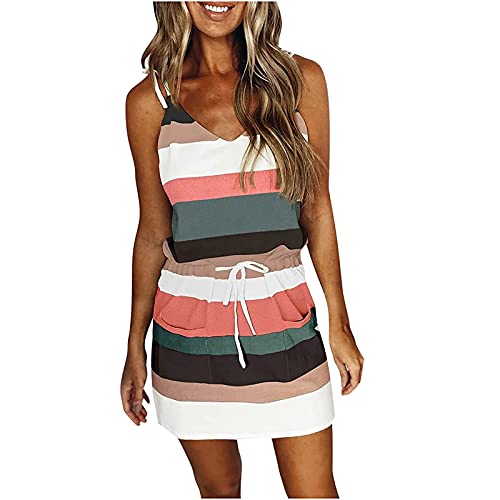 Sommerkleid Damen Spaghetti Träger Camisole Blusenkleid Gestreiftes Bedrucktes Langes Tunika Top Gradient Wave Stripe Bedrucktes Minikleid mit Kordelzug Taschen Ladies Kleider Casual Mini Dress von tsaChick