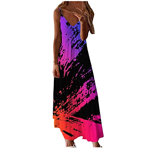 Sommerkleid Damen Spaghetti Träger ärmellos Langes Kleid Bedrucktes Cami Maxikleid Sexy Halter V-Ausschnitt Sommer Halfter Bodenlanges Kleid Plus Größe S-5XL verfügbar Camisole Kleid von tsaChick