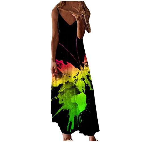 Sommerkleid Damen Spaghetti Träger ärmellos Langes Kleid Bedrucktes Cami Maxikleid Sexy Halter V-Ausschnitt Sommer Halfter Bodenlanges Kleid Plus Größe S-5XL verfügbar Camisole Kleid von tsaChick