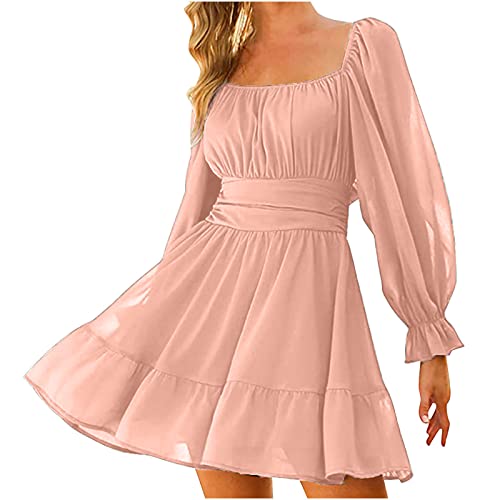 Sommerkleid Damen Squard Hals Chiffon Langarm Mesh Oberhalb des Knies Kleid Casual Solide Strecken Taille Einschnürend Schleife Schnürung Prinzessinnen Ärmel Rückenfrei Slim Fit Ladies Kleid von tsaChick