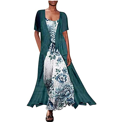 Sommerkleider Sommerkleid Damen Elegant Damen Abendkleid Lang zweiteiliges Set, Ärmelloses Kleid mit Blumendruck und Rundhalsausschnitt, einfarbige dünne Jacke, Abendkleider Elegant für Hochzeit von tsaChick