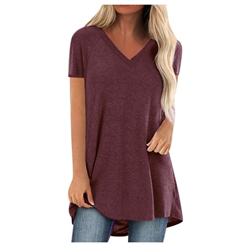 Sport Tshirts Damen Loose Große Größen Lange Shirt Bluse Frauen Einfarbig Pullover Tunika Tops Casual Lässiges Komfort Kurzarm Sommer Tops V-Ausschnitt Rundhalsausschnitt Oberteile S-5XL von tsaChick