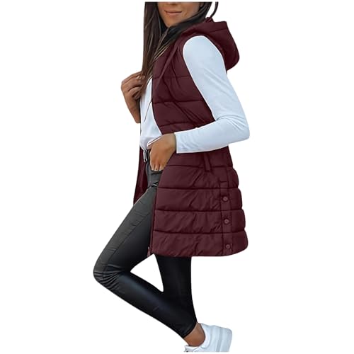 Steppweste Damen Lang Daunenweste Herbst Winter Warmer Ärmellos Weste Mit Kapuze Leichte Übergangsweste Outdoor Winterjacke Reissverschluss Puffer Jacke Wintermantel Longweste Mit Taschen von tsaChick