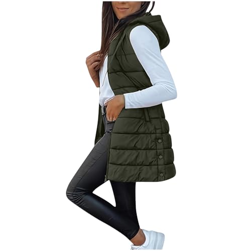 Steppweste Damen Lang Daunenweste Herbst Winter Warmer Ärmellos Weste Mit Kapuze Leichte Übergangsweste Outdoor Winterjacke Reissverschluss Puffer Jacke Wintermantel Longweste Mit Taschen von tsaChick