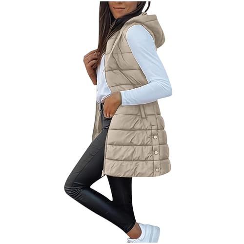 Steppweste Damen Lang Daunenweste Herbst Winter Warmer Ärmellos Weste Mit Kapuze Leichte Übergangsweste Outdoor Winterjacke Reissverschluss Puffer Jacke Wintermantel Longweste Mit Taschen von tsaChick
