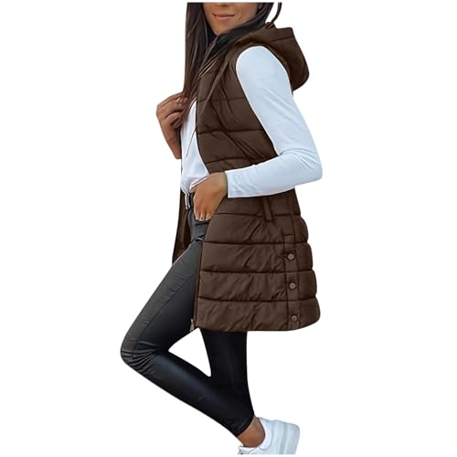 Steppweste Damen Lang Daunenweste Herbst Winter Warmer Ärmellos Weste Mit Kapuze Leichte Übergangsweste Outdoor Winterjacke Reissverschluss Puffer Jacke Wintermantel Longweste Mit Taschen von tsaChick