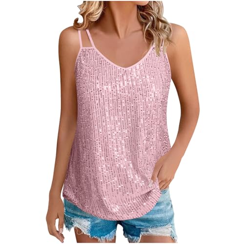 Tanktops Frauen Spaghetti Cami Tanktops Locker Ärmellos Oberteil Elegant Trägershirt Party Tank Top Summer Glitzer Vest Top Lässige Bluse Pailletten Unterhemden von tsaChick
