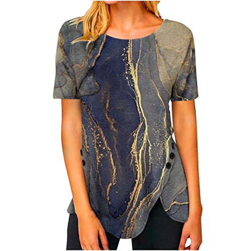 Tshirt Damen 2023 Mode Langes Hemd Bluse mit Unregelmäßigem Saum Loose Sommer Kurzarm T-Shirt Top Rundhals Oberteil mit Farbverlauf Gestreift Gedruckt Knopf Verzierung Blusen Tuniken für Damen von tsaChick