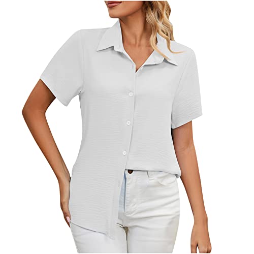 Tshirt Damen Eisseide Komfort Hemd Shirt Klassischen Stil Revers Knopfleiste Bluse Solide Schmal V-Ausschnitt Kurzarm Slim Fit Hemd Top Blusen Tuniken für Damen Geschnittenes Button Down Top von tsaChick