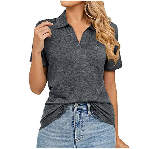 Tshirt Damen Reverskragen Pullover T-Shirt Solide Schmal Geschnittene Kurzarm Sommertops Mode Kleiner V-Ausschnitt mit Taschen Oben Einfarbig Slim Oberteile Hemden Blusen Tuniken für Damen von tsaChick