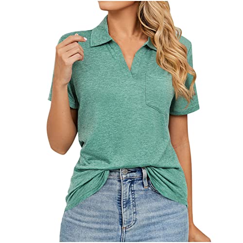 Tshirt Damen Reverskragen Pullover T-Shirt Solide Schmal Geschnittene Kurzarm Sommertops Mode Kleiner V-Ausschnitt mit Taschen Oben Einfarbig Slim Oberteile Hemden Blusen Tuniken für Damen von tsaChick