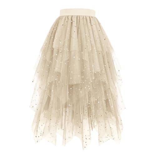 Tüllrock Damen Beige Lang Tütü Damen Karneval Kostüm 50Er Retro Ballet Tanzrock Mehrschichtiger Mesh Faltenrock A-Linie Hoher Glitzer Tüllrock Rockabilly Petticoat Tutu Party Ballettrock von tsaChick