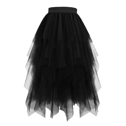 Tüllrock Damen Schwarz Lang Tütü Damen Karneval Kostüm 50Er Retro Ballet Tanzrock Mehrschichtiger Mesh Faltenrock A-Linie Hoher Glitzer Tüllrock Rockabilly Petticoat Tutu Party Ballettrock von tsaChick