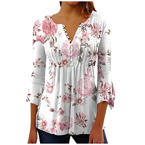 Tunika Damen Sommer Casual Langarm Tshirt 3/4 Ärmel Henley V-Ausschnitt Hemden luse Tuniken Knopfleiste Longshirt Lockere Tunika für Frauen Elegante Falten Shirt Oberteile Sommertops Blumen Bluse von tsaChick