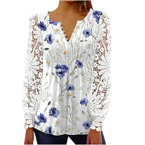 Tunika Damen Sommer Casual Langarm Tshirt 3/4 Ärmel Henley V-Ausschnitt Hemden luse Tuniken Knopfleiste Longshirt Lockere Tunika für Frauen Elegante Falten Shirt Oberteile Sommertops Blumen Bluse von tsaChick