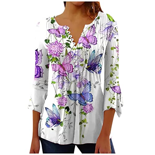 Tunika Damen Sommer Casual Langarm Tshirt 3/4 Ärmel Henley V-Ausschnitt Hemden luse Tuniken Knopfleiste Longshirt Lockere Tunika für Frauen Elegante Falten Shirt Oberteile Sommertops Blumen Bluse von tsaChick