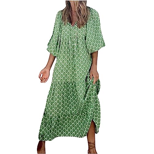 Tunika Kleid V-Ausschnitt Langarm Kleider Rüschen A-Linie Lose Casual Swing Kleid Herbst Boho Kleid mit Gürtel Mint Green L 38 von tsaChick