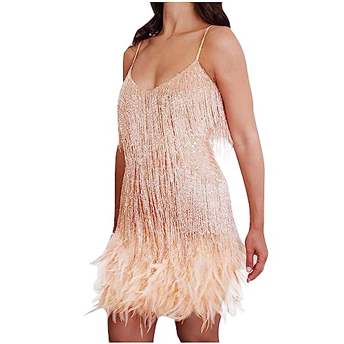 tsaChick 1920er Kleider Damen, 1920s Charleston Kleid Mini Damen Vintage Gatsby Kostüm Flapper 20er Jahre Cocktailkleid Beige S 34 von tsaChick