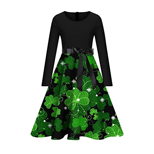 tsaChick Abendkleid Damen Elegant FüR Hochzeit Damen St. Patrick's Day Langarm Swing Kleid Grünes Kleeblatt Kleeblatt Elegant Bedruckt Cocktail Partykleider von tsaChick