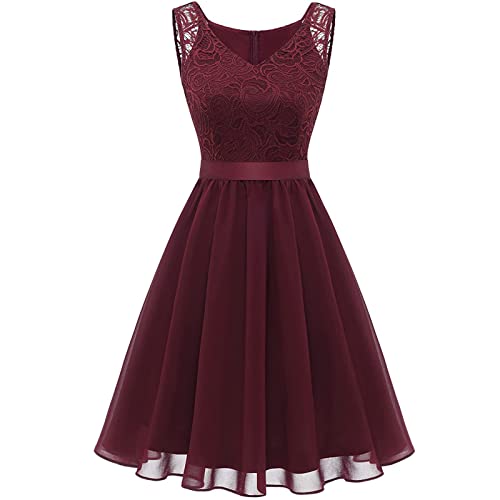 tsaChick Abendkleid Damen Knielang ärmellos Spitzenkleid Cocktailkleid Elegant für Hochzeit A Linie Rüschenkleid Festliche Kleid Brautjungfernkleider Abschlusskleid Sommerkleid Ballkleid Partykleid von tsaChick