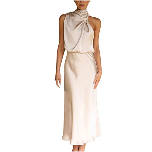 tsaChick Abendkleid Lang Schwarz Mode Frauen Sommer Casual Rundhalsausschnitt Solid Ärmellose Weste Langes Kleid Sommerkleid Damen Elegant Lang Boho Kleid Damen Weiß Spitze Erntedank Blatt Abendkleid von tsaChick