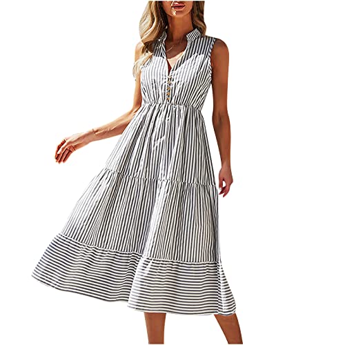 tsaChick Arabisches Kleid Sommer Frauen Neue Gestreifte V-Ausschnitt Ärmellose Elastische Taille Midi Waden Kleid Kleid Für Mädchen Mädchen Kleid Weiß Sommerkleid Damen Leicht Elegant Kleid Spitze von tsaChick