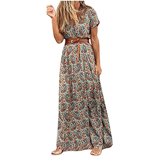 tsaChick Blaues Kleid Damen Festlich Damen Sexy Schlitz Druck Casual V-Ausschnitt Kurze Ärmel Taille Lang Schlankes Kleid Anime Kleid Abaya Muslim Damen Tailliertes Kleid Mit V-Ausschnitt Kleider Für von tsaChick