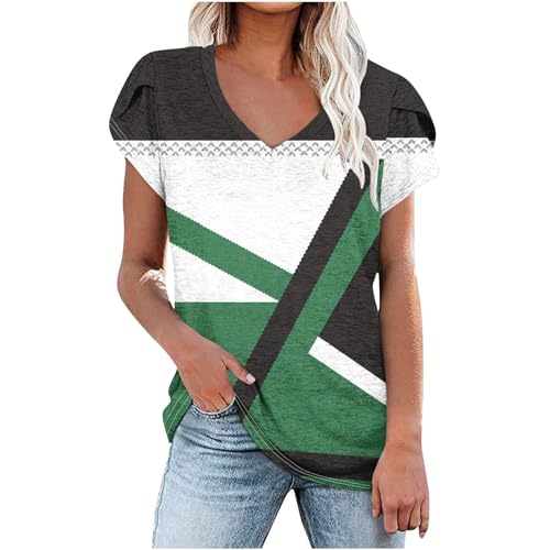 tsaChick Bluse Kurzarm Damen Sale Angebote Weißes Hemd Damen Casual Bandeau mit V Ausschnitt Lockere Passform Spleißen Tunika Damen Langarm Damen Sommer Blütenblätter Arm Fun-T-Shirts DXE27 von tsaChick