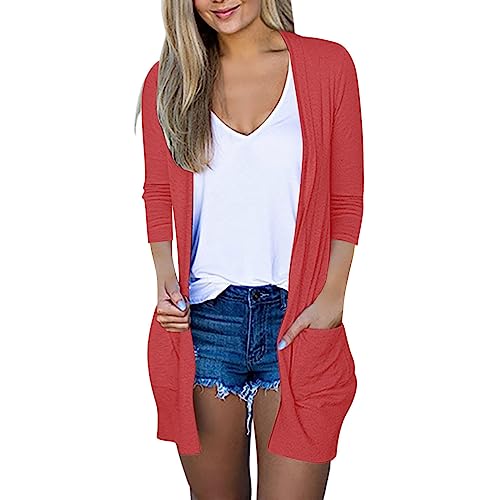 tsaChick Cardigan Damen Sommer Damen Lässig Solide Farbe Sieben Teil Ärmel Top Mit Taschen Strickjacke Jacke Strickjacke Damen Kurz 3/4 Arm Strickjacke Mädchen 104 Strickjacke Damen Lang Dünn von tsaChick