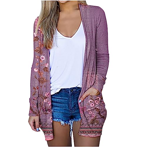 tsaChick Cardigan Damen Sommer Kurz Ohne KnöPfe Frauen Lange Ärmel Mode lässig bequem Taschen Druck Strickjacke Top Bluse KSI40 von tsaChick