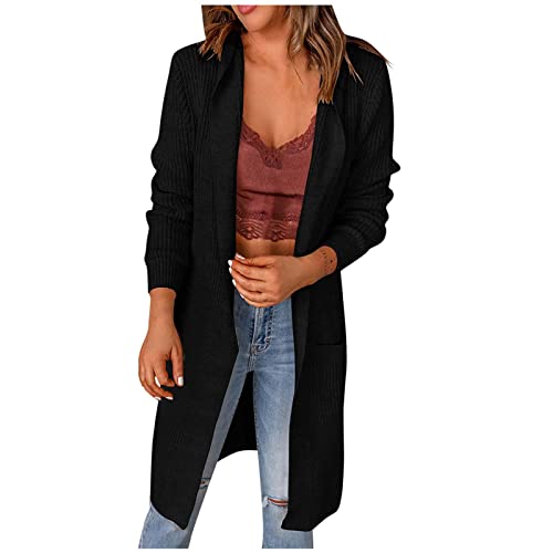 tsaChick Cardigan Damen Sommer Lang Schwarz Women's Fashion Top Strickjacke Tasche Medium und Lange Zeit Outwear Langarm Mantel KSJ11 von tsaChick