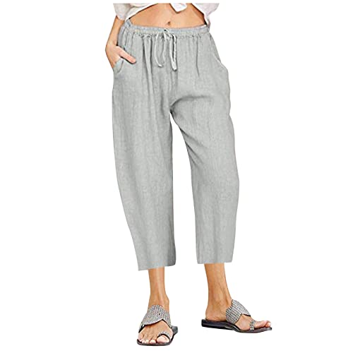 tsaChick Cargo Jogginghose Damen Damen Freizeit Hose Sommerhose Mit Kordelzug Und Taschen Freizeithose Casual Einfarbig Bequeme Leinenhose Aus Baumwolle Leinen Stoffhose Grau 4XL von tsaChick