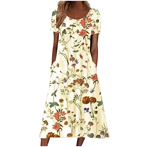 tsaChick Chiffon Kleider Damen Damen Sommer Kurzarm Rundhalsausschnitt Bedrucktes Taschenkleid Sommerkleid Damen Knielang Hose Unter Kleid Kleid Damen Festlich Elegante Kleider Damen Für Hochzeit von tsaChick