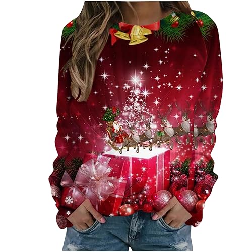 tsaChick Christmas Sweater Damen Weihnachtspullover Damen Merry Christmas Sweatshirt Lustig Rudolph Rentier Druck Baumwolle Weihnachten Weihnachtspullover Damen Lustig S-5XL von tsaChick